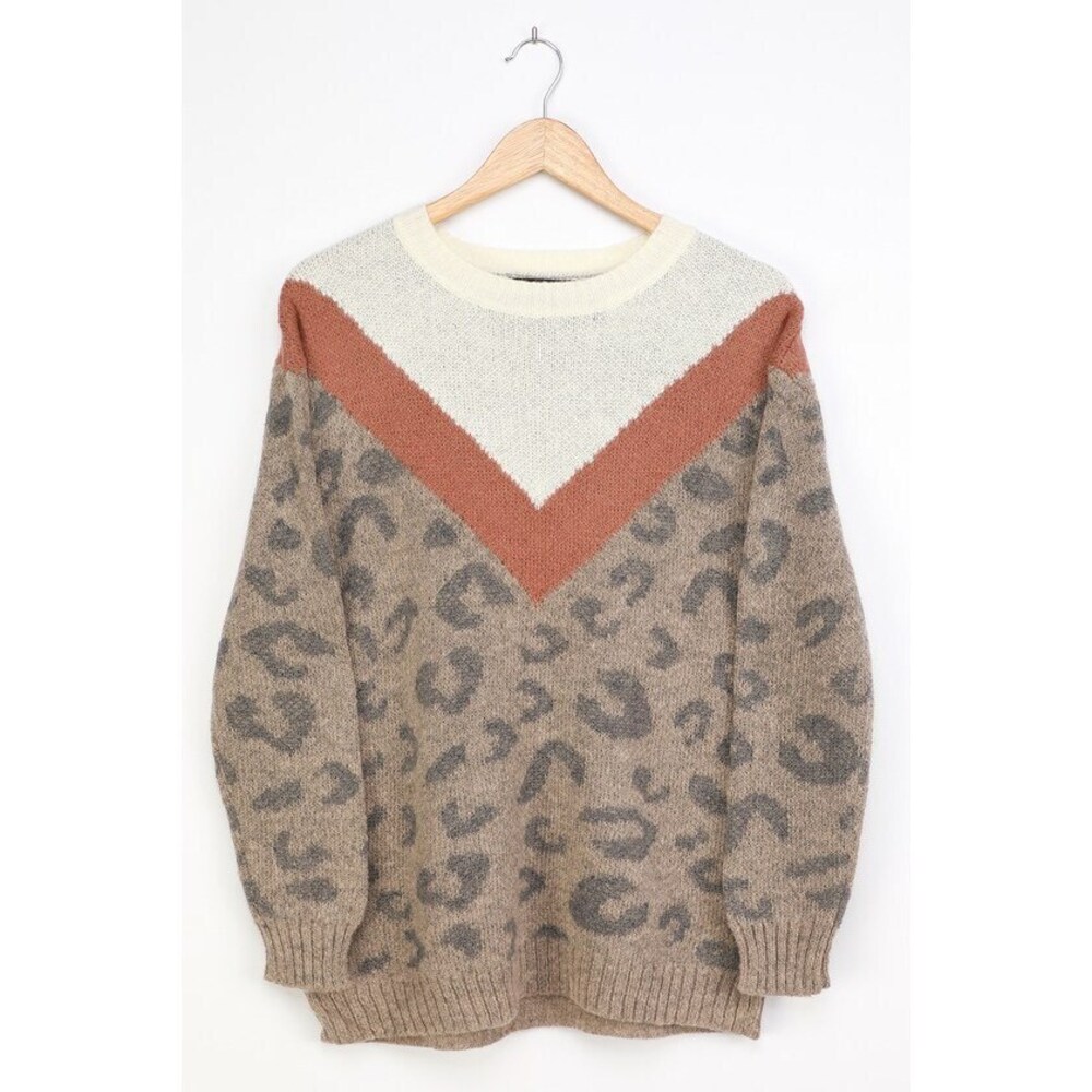 Lulus Wild Side Leopard Multi Color Block Oversized Sweater Beige - Size M